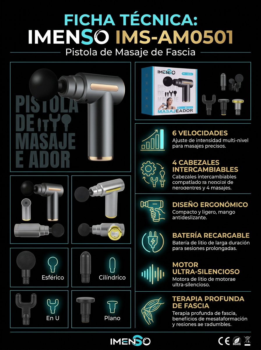 Pistola de Masaje Percusión | 6 Velocidades + Cabezales
